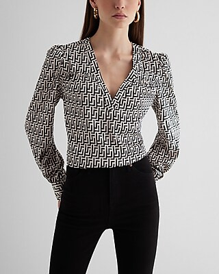 Satin Printed V-neck Long Sleeve Gathered Front Top | Express