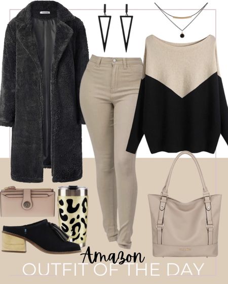 Amazon outfit of the day includes Sherpa coat, dressy sweater, khaki skinny pants, neutral tote purse, black mule shoes, cheetah print tumer, neutral wallet, black earrings, and gold and black necklace.

Outfit inspo, outfit inspiration, workwear, work outfit, fall fit, work fit, dressy fit, neutral outfit

#LTKstyletip #LTKunder50 #LTKfit