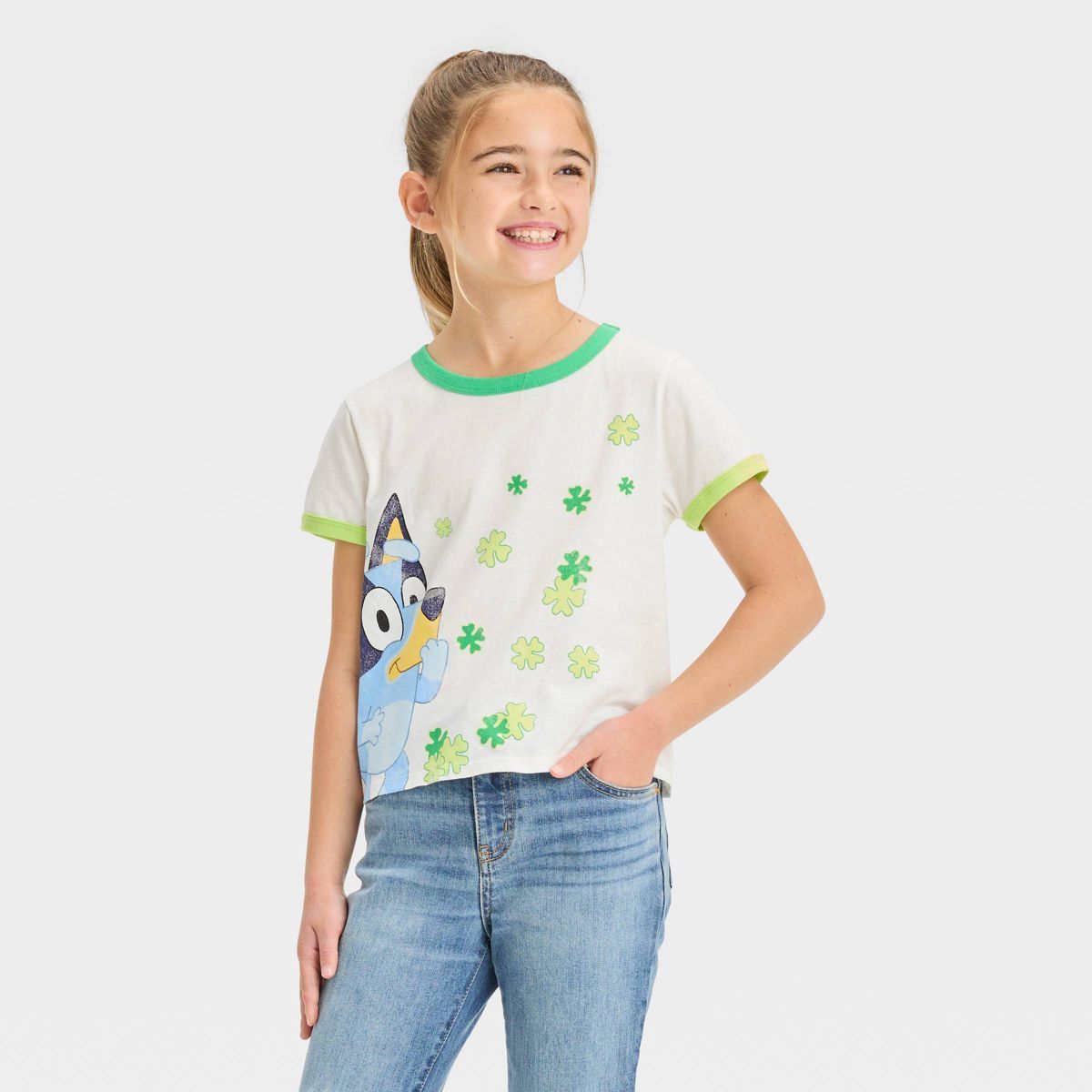 Girls' Disney Bluey Ringer Short Sleeve Graphic T-Shirt - Green | Target