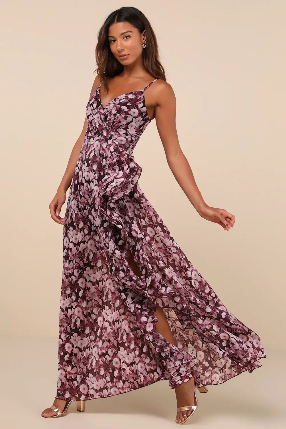 Illustrious Aura Plum Purple Floral Ruffled Surplice Maxi Dress | Lulus