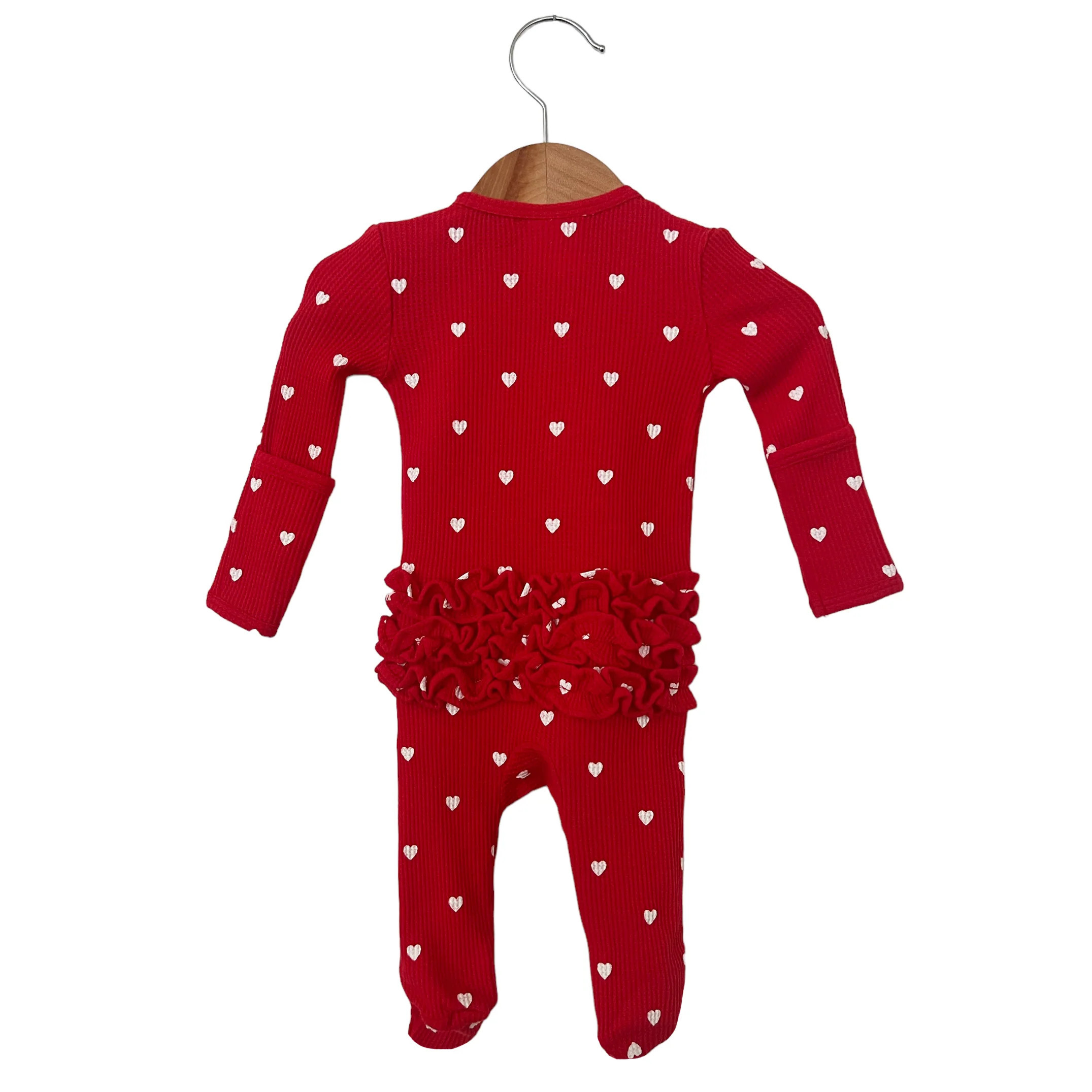 Organic Waffle Ruffle Zip Footie, Little White Heart (on Red) | SpearmintLOVE