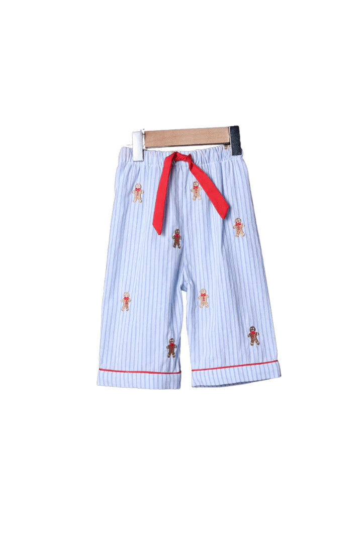 Embroidered Gingerbread Blue Pinstripe Pajama Pants | The Smocked Flamingo