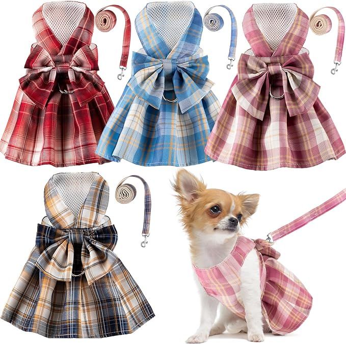 4 Pcs Plaid Dog Dress Bow Tie Harness Leash Set Harness Dress for Small Dogs Cute Dog Pet Girl Pu... | Amazon (US)