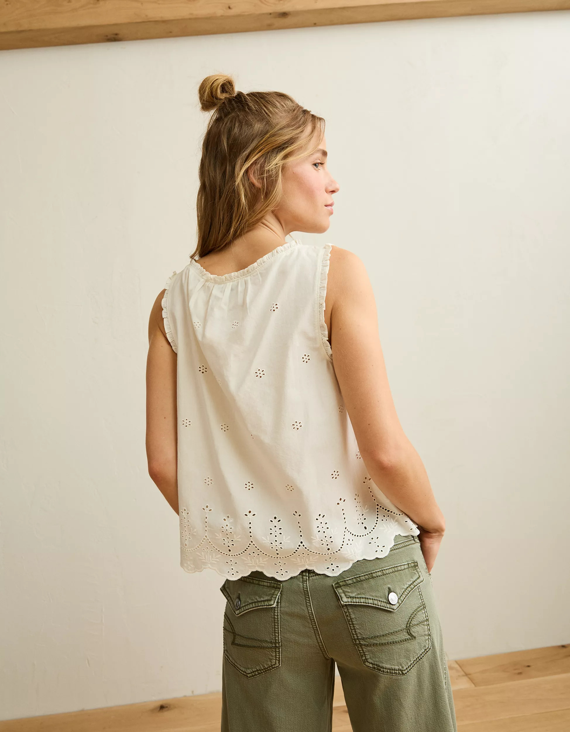 AE Ruffle-Neck Eyelet Button-Up Top | American Eagle Outfitters (US & CA)