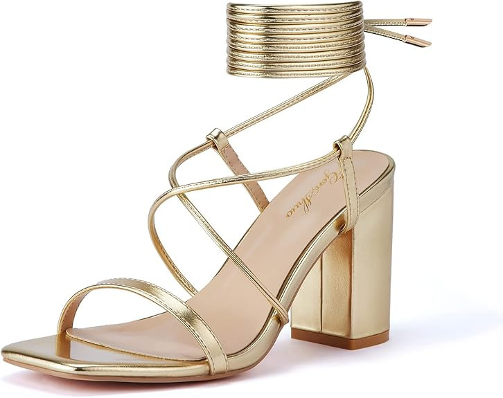 GENSHUO Square Toe Sandals Women Lace up Chunky High Heels Strappy Sandals Block Heeled Ankle Wra... | Amazon (US)
