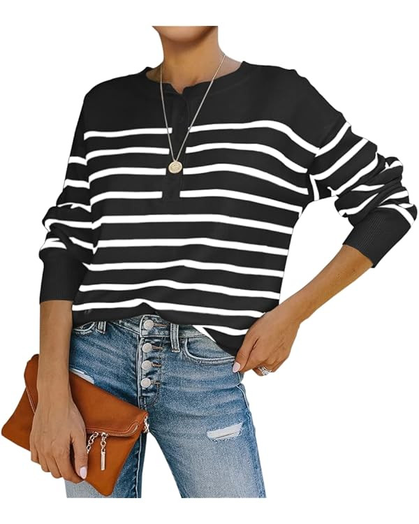 Womens Striped Henley Sweaters Soft Lightweight Long Sleeve Crew Neck Loose Fit Knit Pullover Top... | Amazon (US)