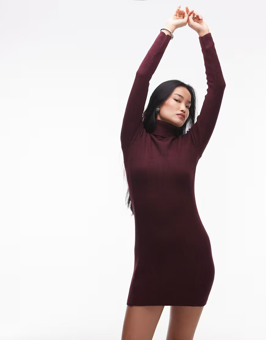 Mango high neck mini knitted dress in dark red | ASOS (Global)