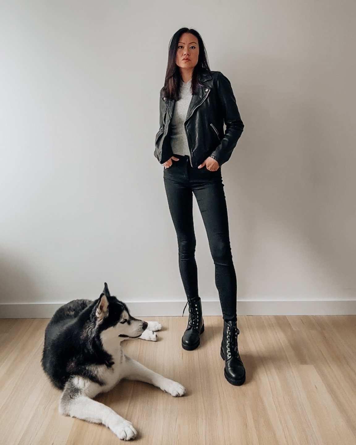 Leather moto jacket. Slim crewneck sweater. Black skinny jeans. Stuart Weitzman combat boots 

#LTKstyletip
