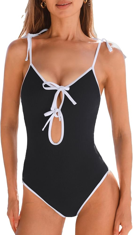 CUPSHE Women's One Piece Swimsuit Scoop Neck Front Keyholes with Tie Accents Adjustable Tied Strap Bathing Suit | Amazon (US)