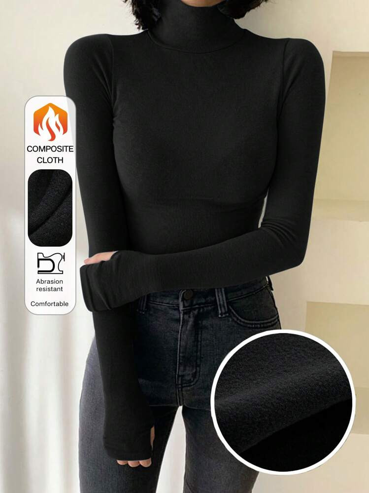 DAZY Women Solid Color Long Sleeve Turtleneck Stretchy Fleece T-Shirt, Autumn/Winter Preppy Tops | SHEIN