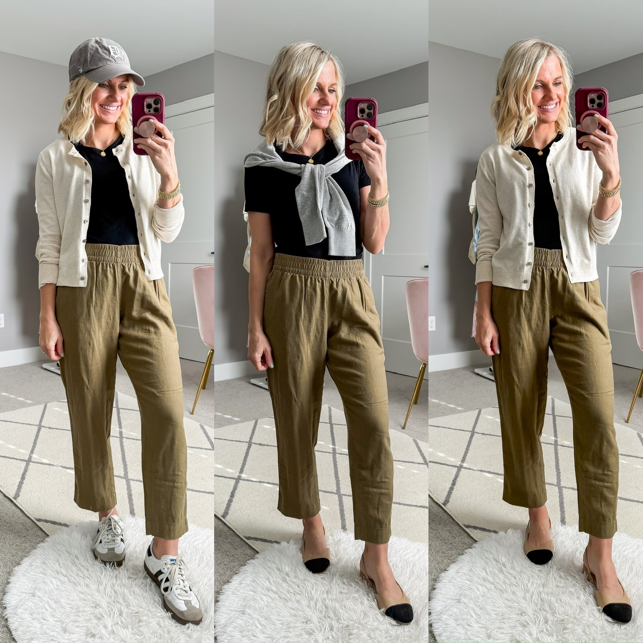 Spring capsule wardrobe outfits with a black T-shirt and green linen pants 

#LTKPetite #LTKSeasonal #LTKStyleTip
