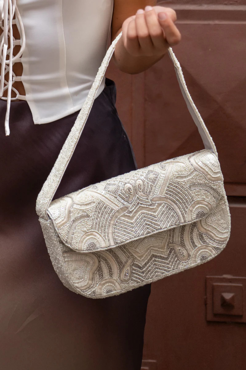 Lucy White and Silver Beaded Shoulder Bag | 12th Tribe