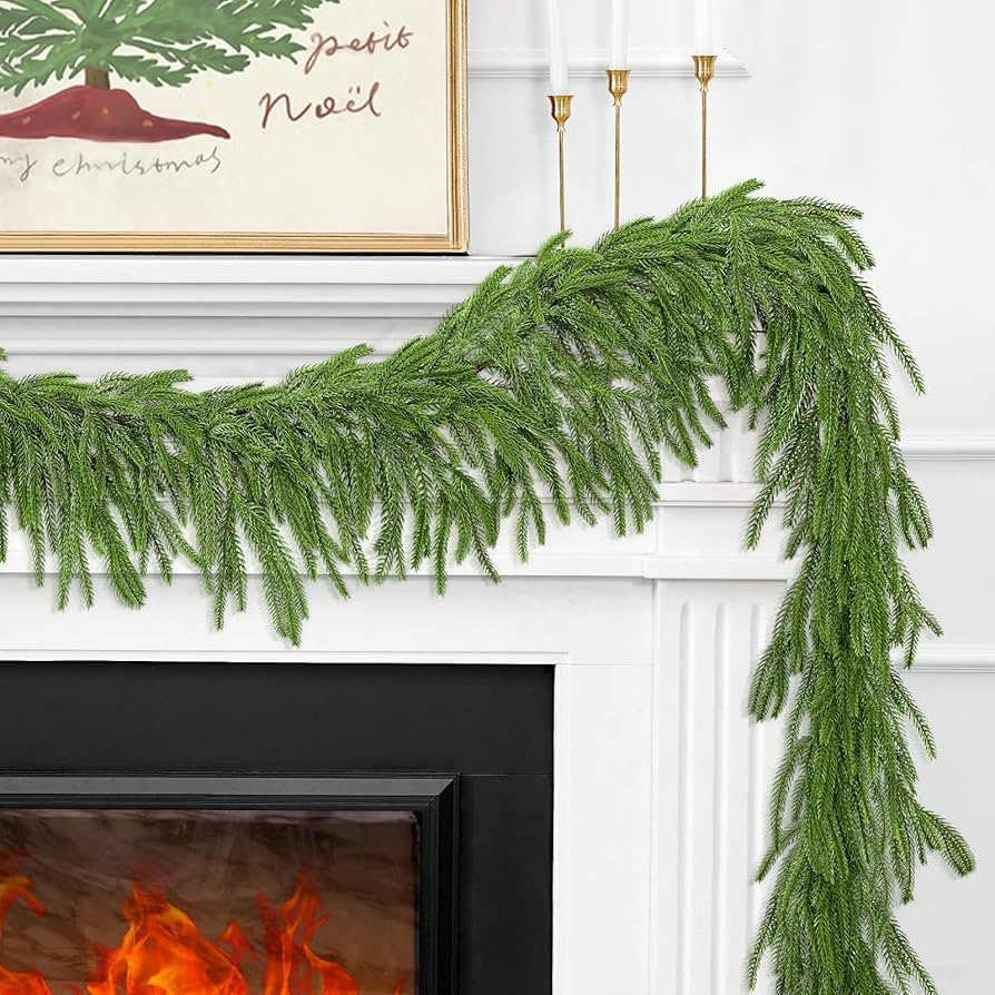 1Pcs 9FT Christmas Norfolk Pine Garland,Realistic Cedar Garland Artificial Pine Cypress Vines,Gre... | Amazon (US)