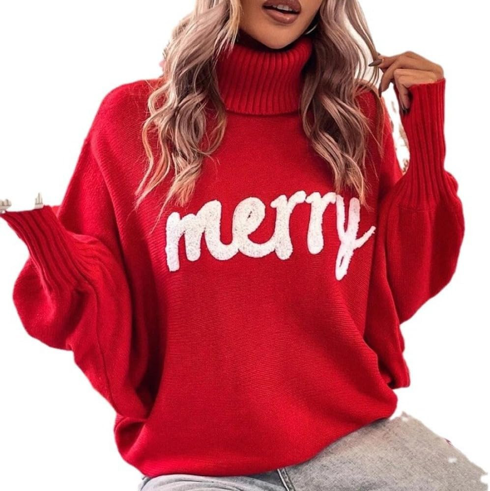 Merry Sweater for Women Turtleneck Christmas Sweater Batwing Sleeve Knit Sweatshirt Long Sleeves ... | Amazon (US)