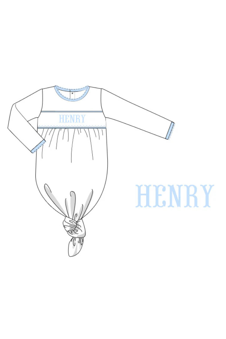 Pre- Order Custom Hand Smocked Name White and Blue Baby Gown | The Smocked Flamingo