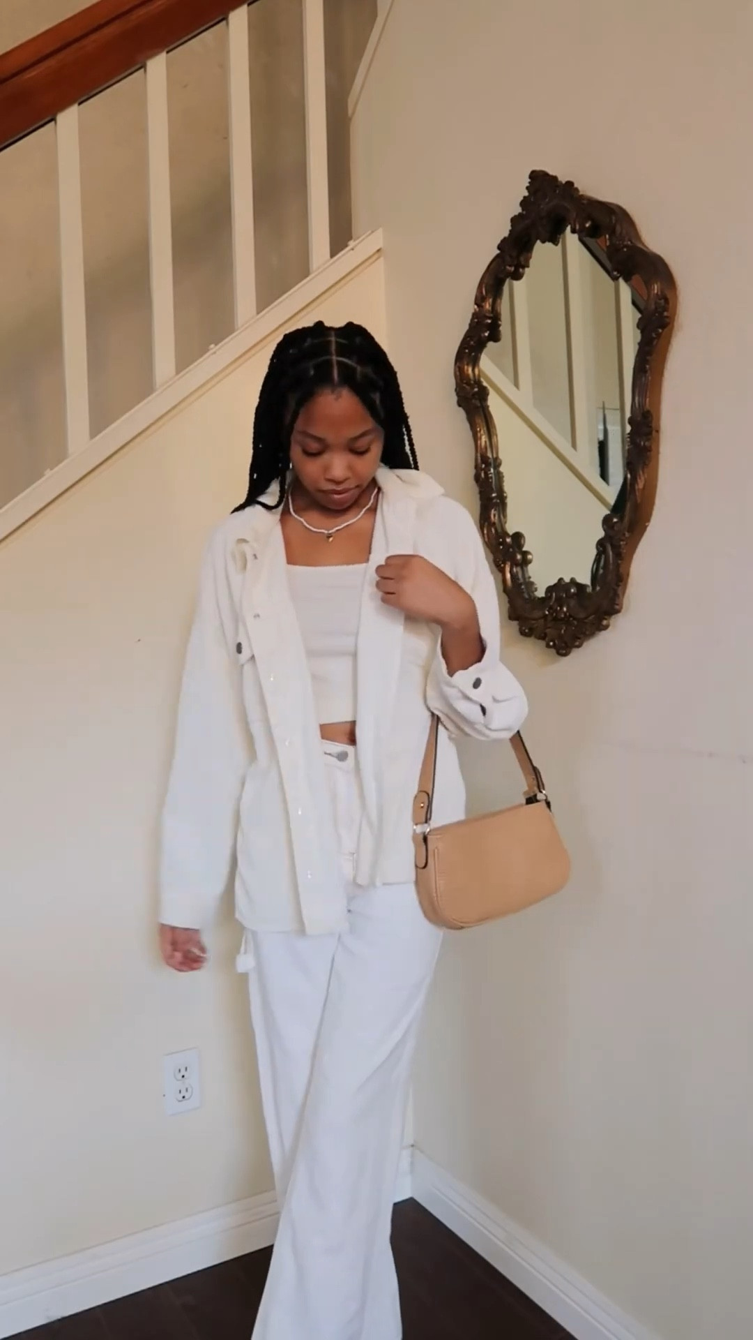 white crop top, tank top, corduroy jacket, white jacket, beige shoulder bag, snake skin bag, faux leather bag, cargo pants, white pants, white beaded necklace 

fall fashion, winter fashion, fall outfit, winter outfit, monochromatic outfit 

#LTKVideo #LTKstyletip #LTKfindsunder100
