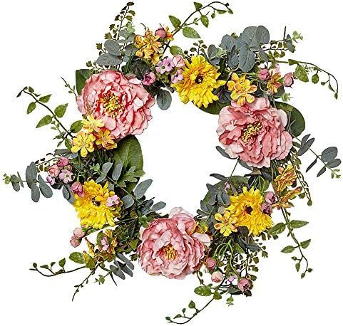 VGIA 20 Inch Artificial Peony Flower Wreath Silk Spring Wreath for The Front Door, Wall Hanging W... | Amazon (US)