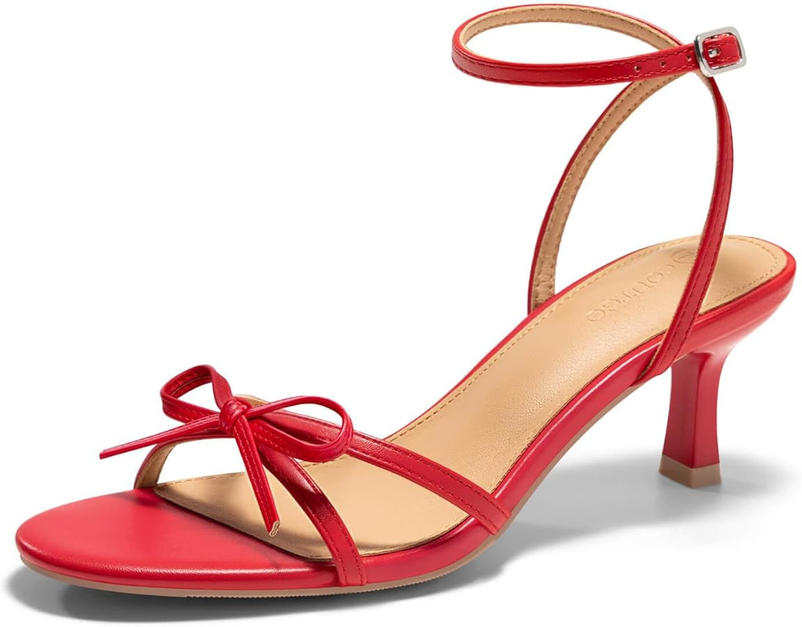 Coutgo Womens Kitten Low Heels Bow Sandals Open Toe Buckle Ankle Strap Wedding Party Dress Shoes | Amazon (US)
