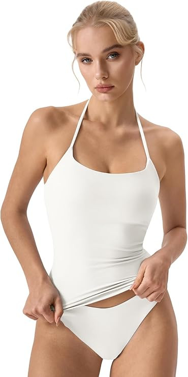 QINSEN Self Tie Halter Neck Basic Shirts for Womens Double Lined Slimming Fit Going Out Sleeveles... | Amazon (US)