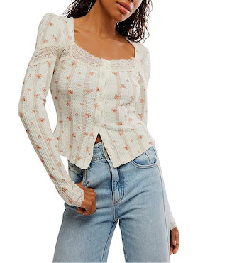 Lets Party Cardi Floral Print Waffle Knit Square Neck Long Sleeve Button Front Lace Trim Top | Dillard's