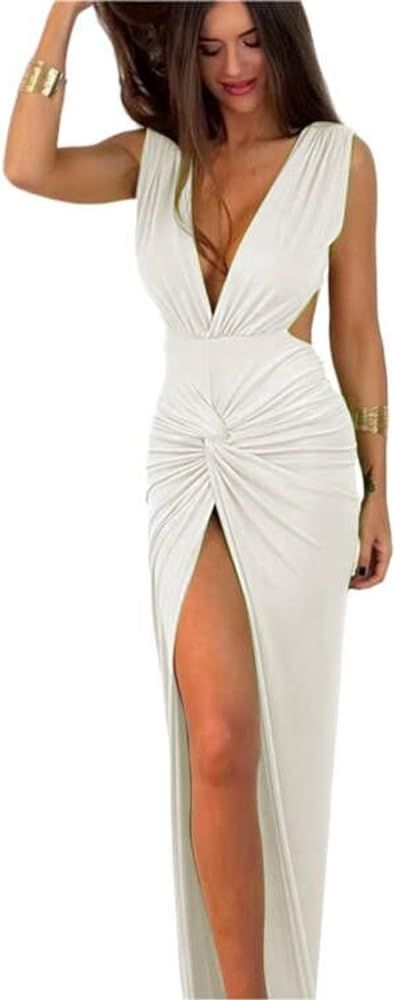 JUMISEE Women's Sexy Plunging V Neck Maxi Dress Elegant Ruched Twist Knot Bodycon High Slit Backl... | Amazon (US)