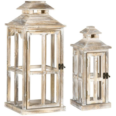 HOMCOM 2 Pack 28"/20" Large Rustic Wooden Lantern Decorative, Indoor/Outdoor Lantern for Home Décor (No Glass), Natural | Target