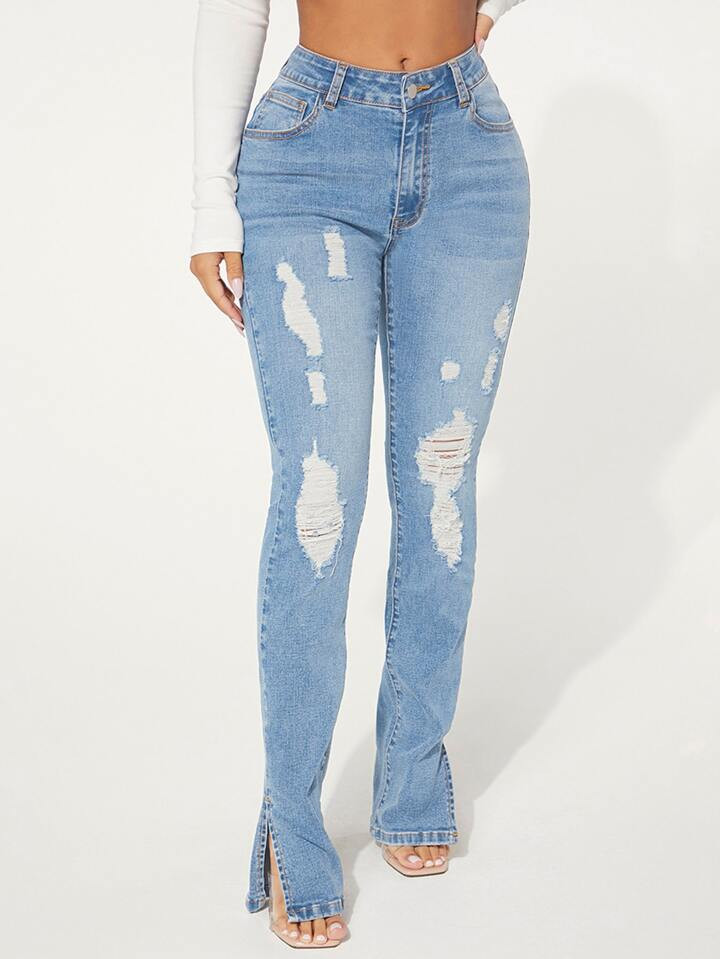SHEIN SXY Ripped Slit Hem Skinny Jeans | SHEIN