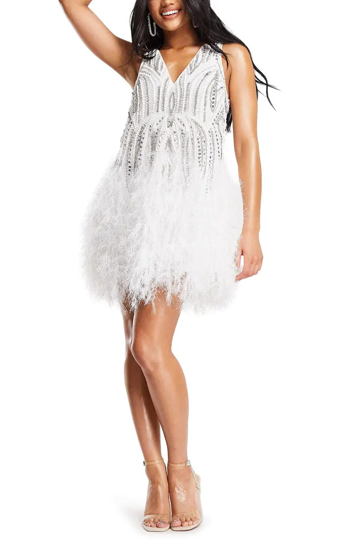 ASOS DESIGN Crystal Beaded Faux Feather Hem Minidress | Nordstrom | Nordstrom