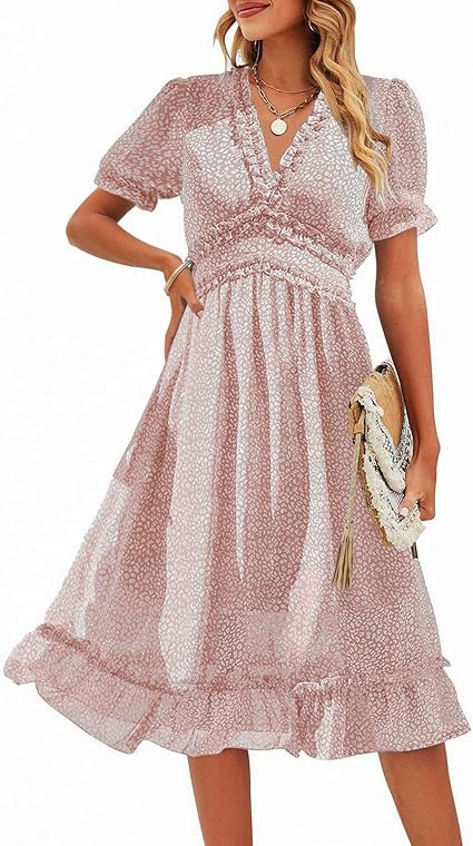 TECREW Womens Summer Boho Floral V Neck Ruffle Short Sleeve Midi Dress Flowy Chiffon Dress | Amazon (US)