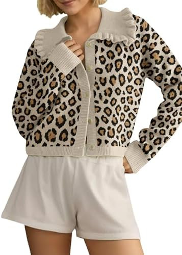 Womens Ruffle Collar Cardigan Sweater Button Up Open Front Fall Knit Jackets Cute Long Sleeve But... | Amazon (US)