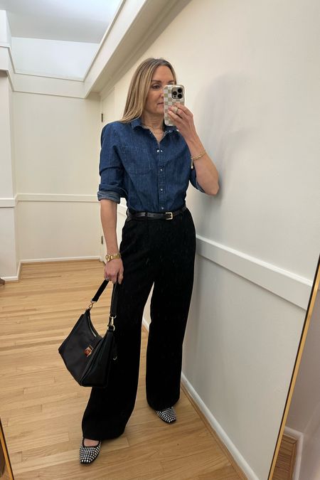 Sunday outfit! Sezane Max denim shirt—this color isn’t available so I linked similar, kohls wide leg trousers, Sam Edelman gem Mary Jane flats, Radley London black bag, work outfit, church outfit, spring outfit 

#LTKstyletip #LTKfindsunder50 #LTKworkwear