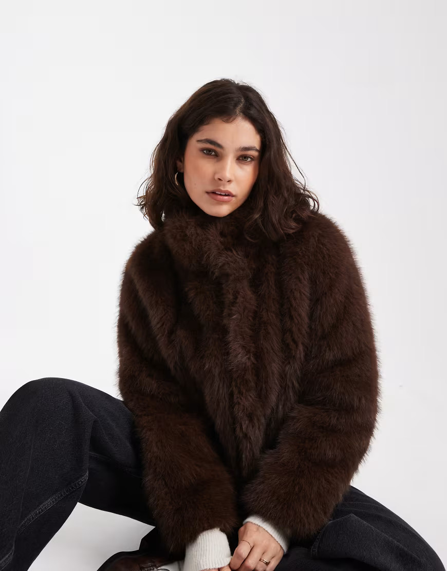 Vero Moda super soft faux fur short coat in chocolate-Brown | ASOS (Global)
