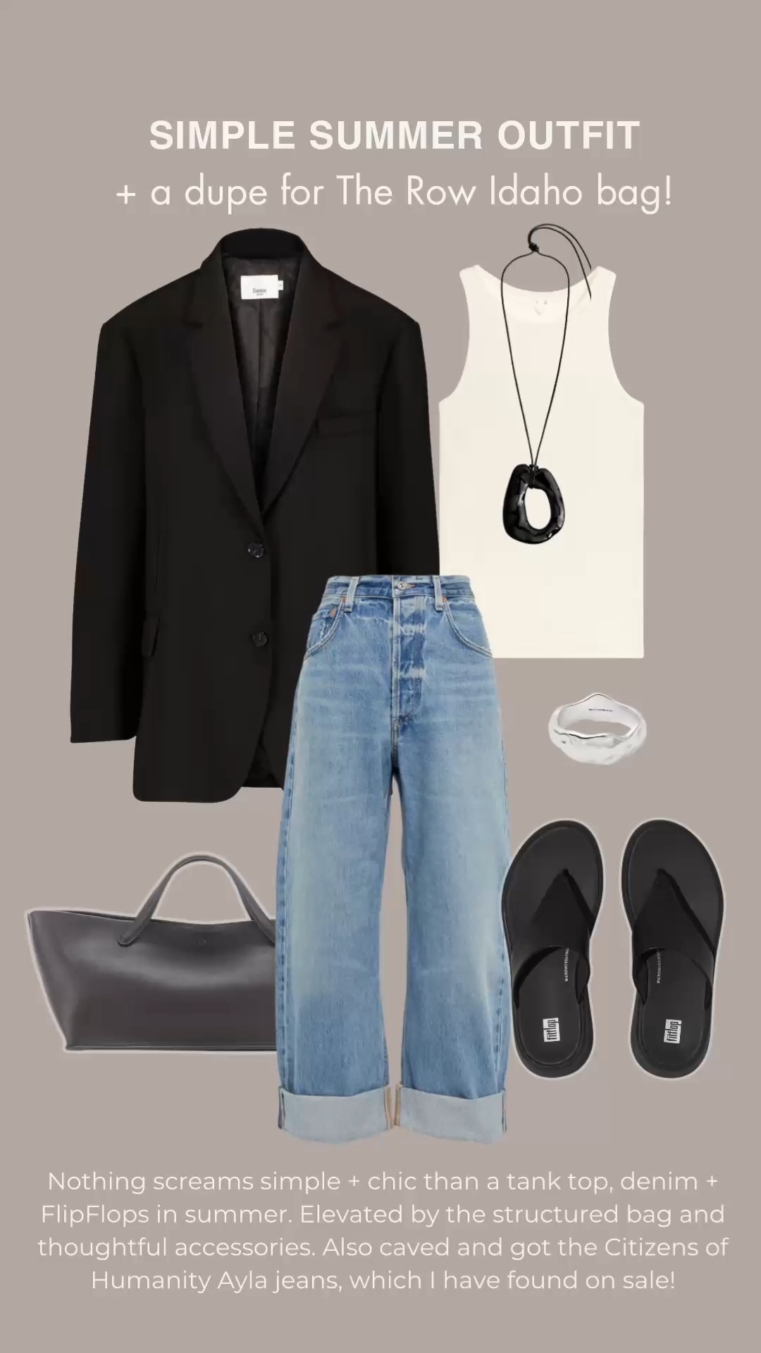 Summer outfit | Citizens of Humanity Ayla jeans | leather flip flops | FitFlops | black blazer | The Frankie Shop | tank top | the row Idaho tote dupe | leather bag | work handbag 

#LTKsummer #LTKbag #LTKuk