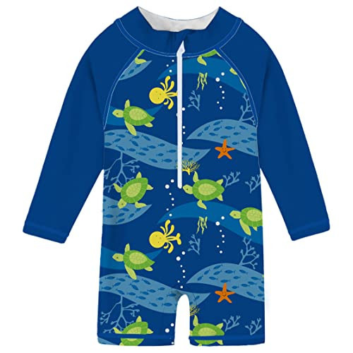 Baby Swimsuit Boy 18-24 Month Bathing Suit Blue Turtle Rash Guard One Piece Swimwear Zipper UPF 50+ Long Sleeve Sunsuit | Amazon (US)