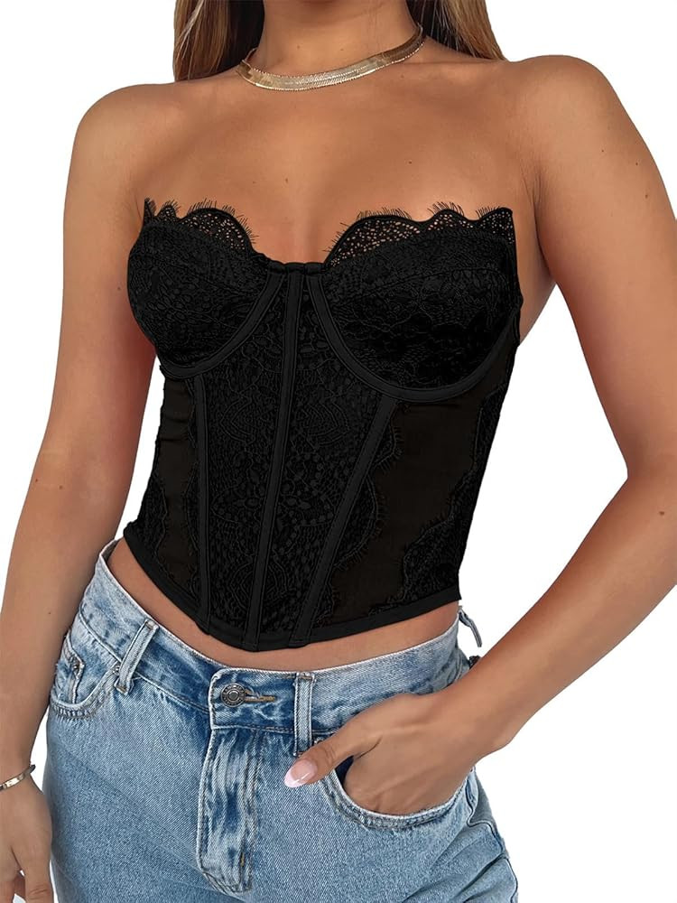 REORIA Women’s Summer Sexy Lace Mesh Sleeveless Backless Going Out Strapless Boned Bustier Cors... | Amazon (US)
