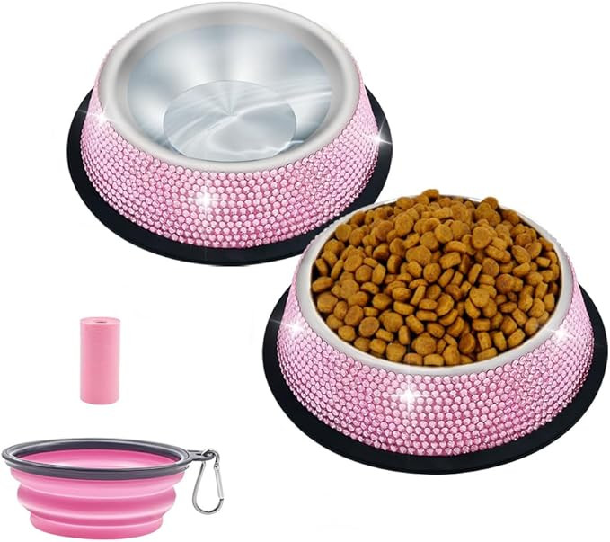 Triumilynn Rhinestone Cat Bowls, Pink Bling Dog Bowl Stainless Steel for Small Pets Food Water Di... | Amazon (US)