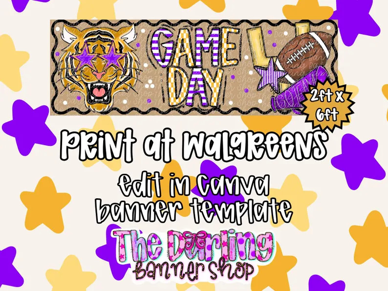 Tiger Game Day Banner Template, Purple Gold Football Decor, Tailgate Banner, Editable Canva Footb... | Etsy (Global)