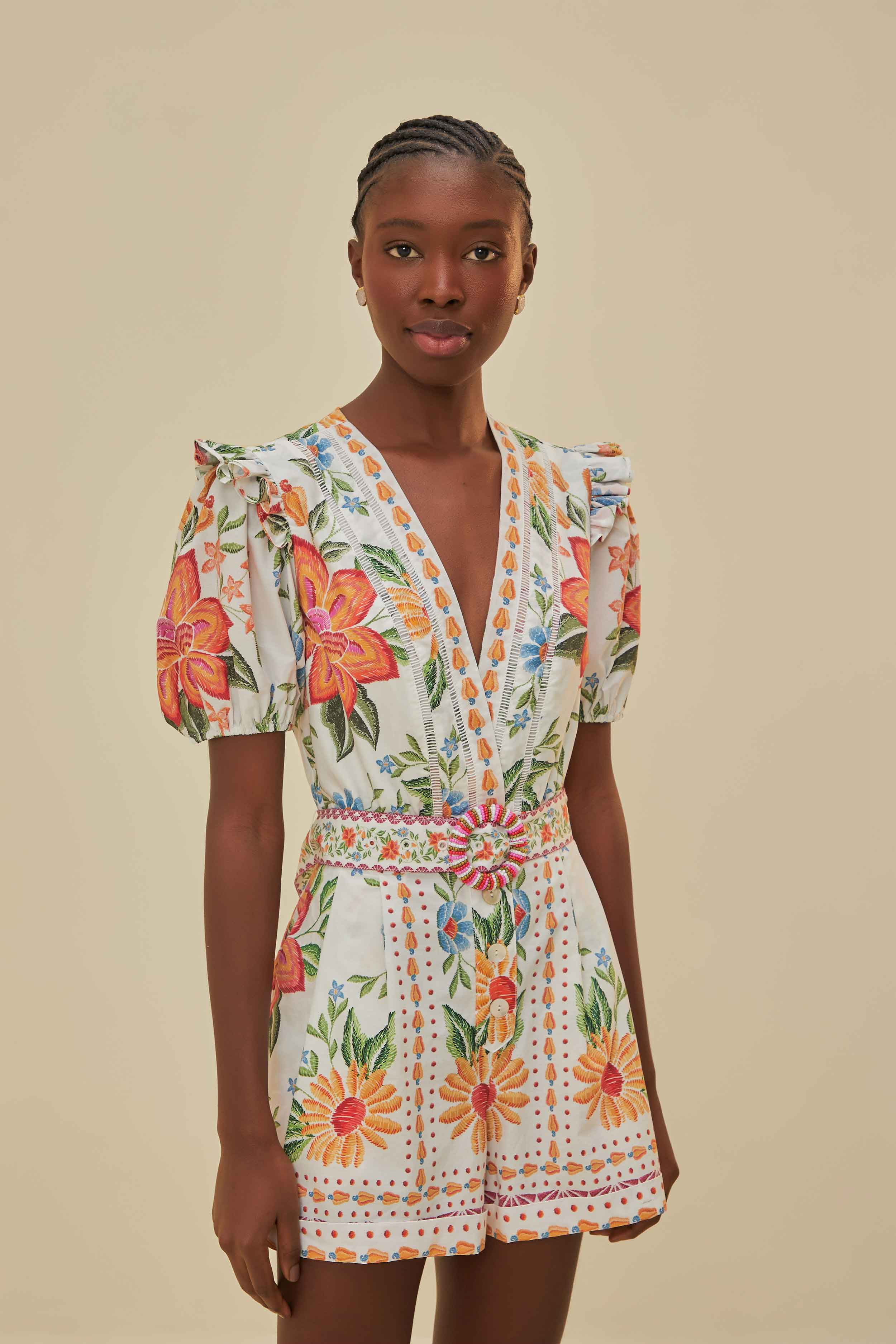 Off-White Bloom Garden LENZING™ ECOVERO™ Euroflax™ Romper | FarmRio (US)