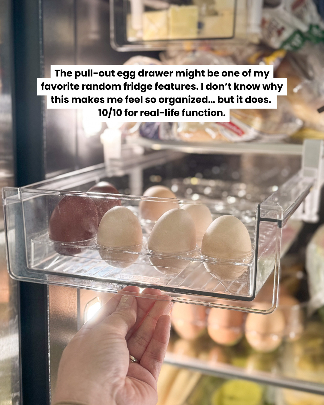 One of my favorite random fridge features - keeps eggs visible and safe.

egg storage, fridge drawer, organized kitchen, family-friendly fridge 

 #LTKHome #LTKFindsUnder50 #LTKFamily