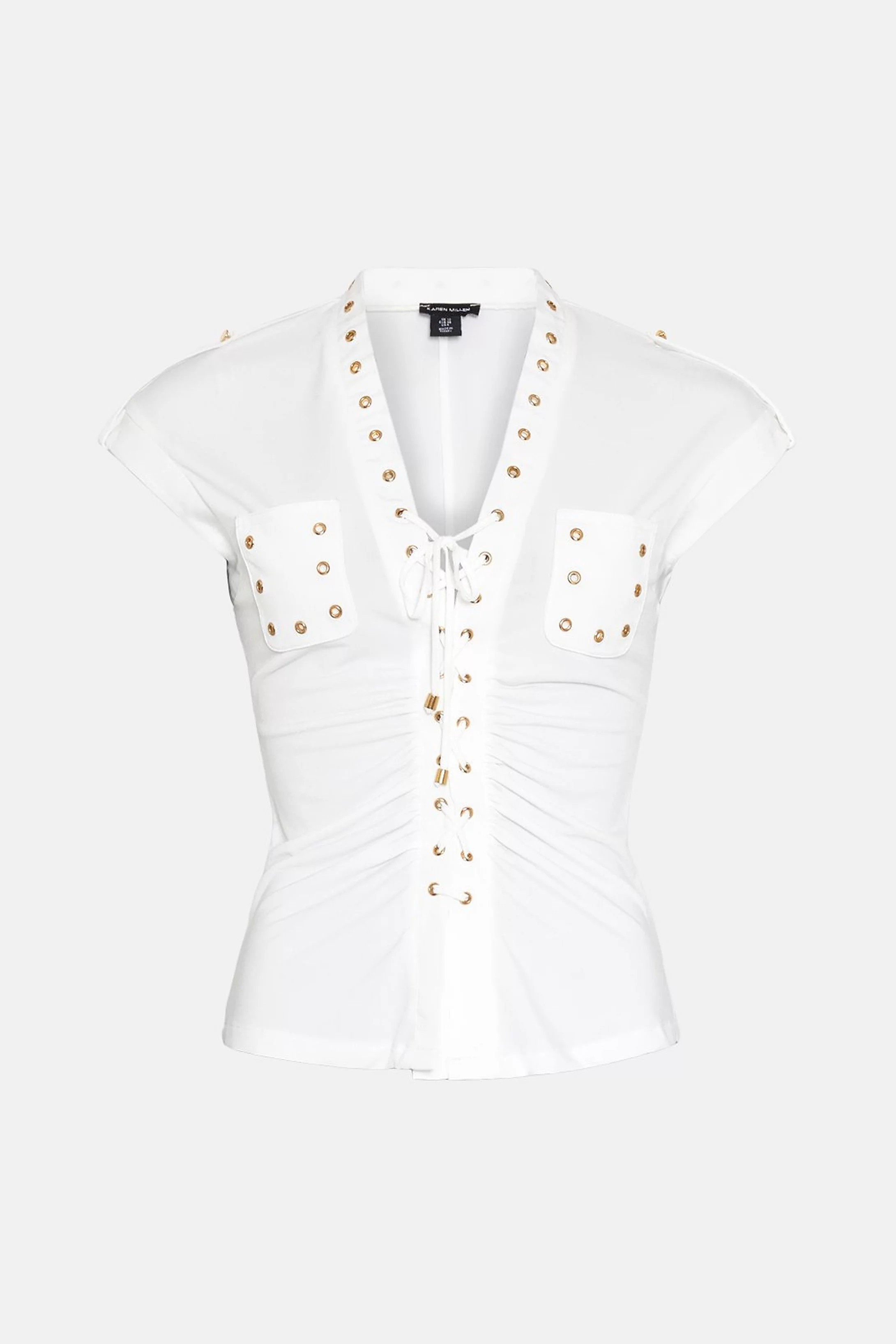 Lace Up Eyelet Jersey Top | Karen Millen US
