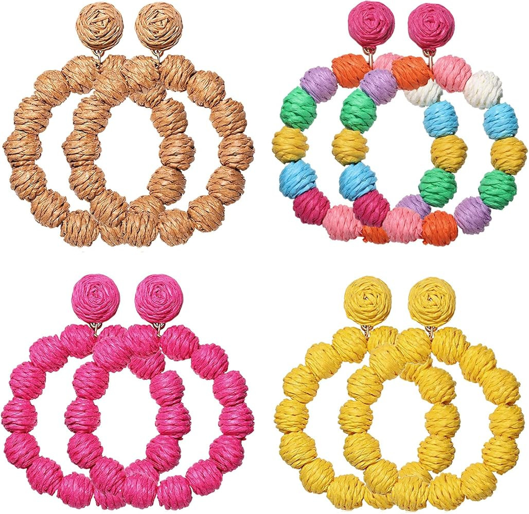 4 Pairs Rattan Earrings for Women Boho Raffia Ball Hoop Dangle Earring Set Handmade Summer Beach ... | Amazon (US)
