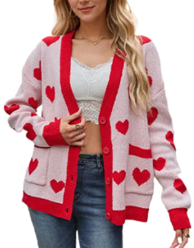 Valentine's Day Cardigans for Women Cute Heart Printed V-Neck Button Down Cardigan Sweaters with ... | Walmart (US)