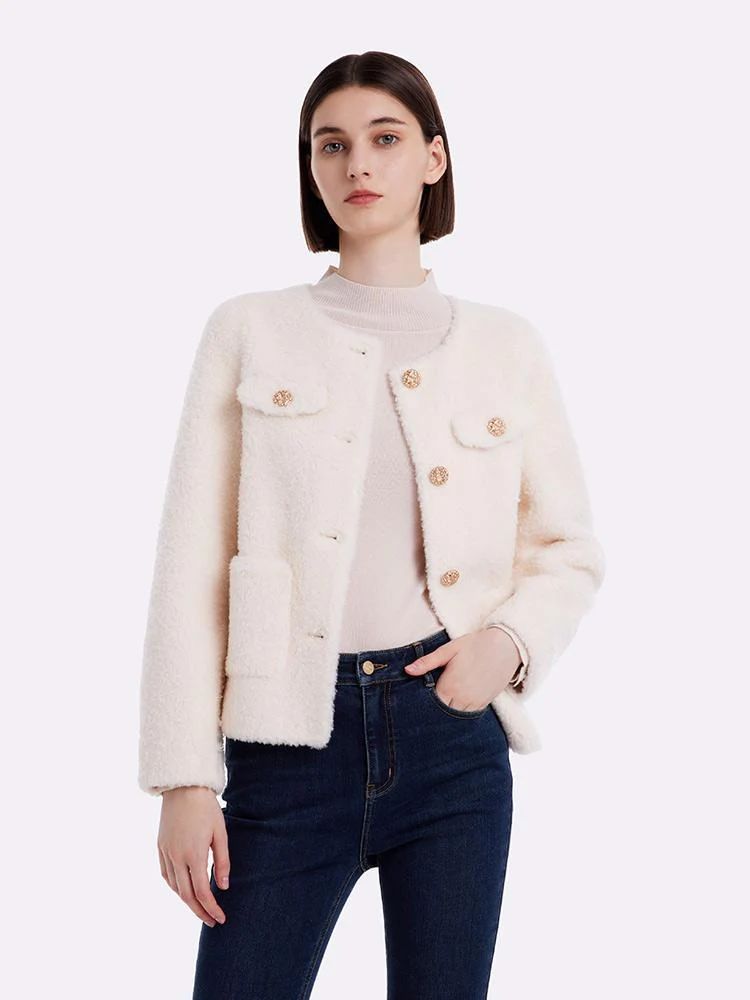 Lamb Wool Round Neck Crop Women Coat | GOELIA