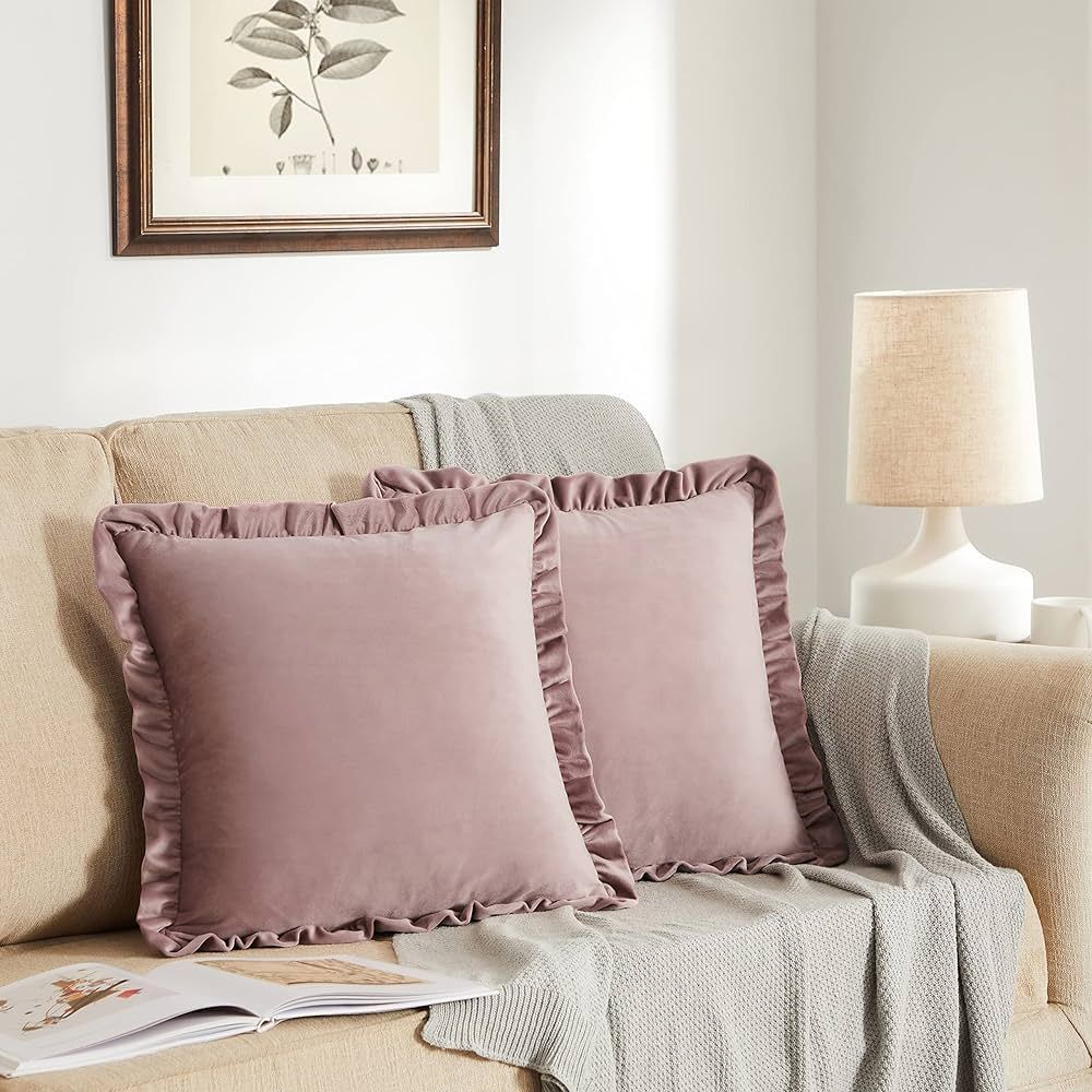 GIGIZAZA Velvet Blush 18x18 Pillow Covers, Set of 2 Decorative Ruffle Dark Pink Cushoin Pillow Co... | Amazon (US)