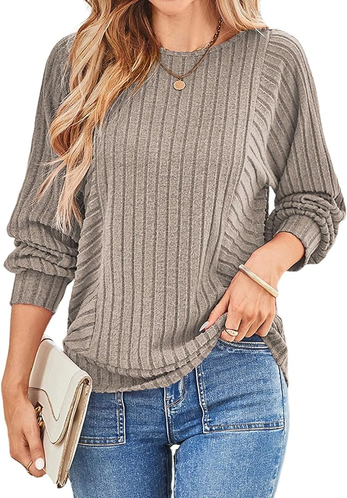 Dokotoo Womens Soft Long Sleeve Crewneck Shirts Fall Casual Loose Fit Knit Tops Blouses | Amazon (US)