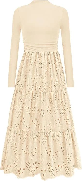 PRETTYGARDEN Long Sleeve Dress for Women Fall Eyelet Mock Neck A Line Elegant Classy Maxi Wedding... | Walmart (US)