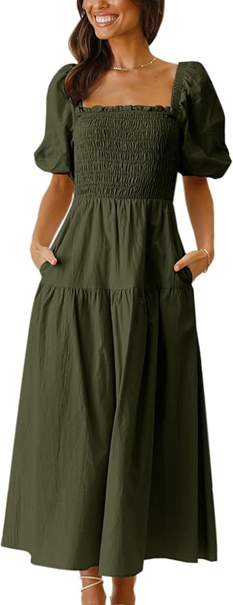 Angashion Women's Summer Maxi Dress Smocked Short Puff Sleeves Square Neck Tiered Long Flowy Dres... | Amazon (US)