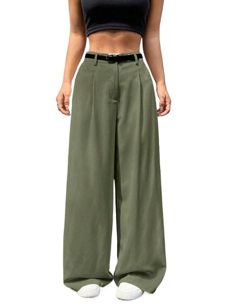 Women's Work Casual Pants Women's Solid Color Zip Front Wide Leg Pants | Amazon (US)