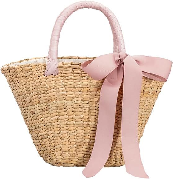 Women's Large Capacity Straw Tote, Summer Bow Top Handle Straw Wallet | Amazon (US)