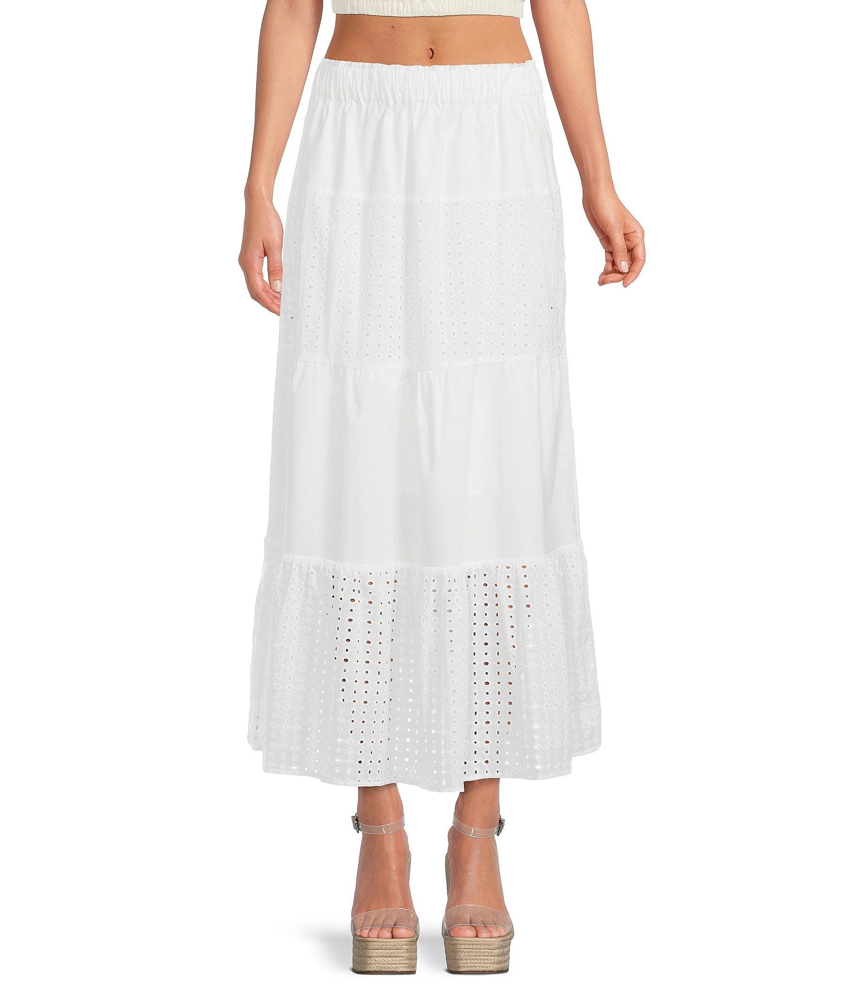 LDT Bianca Tiered Eyelet Poplin Coordinating A-Line Maxi Skirt | Dillard's | Dillard's